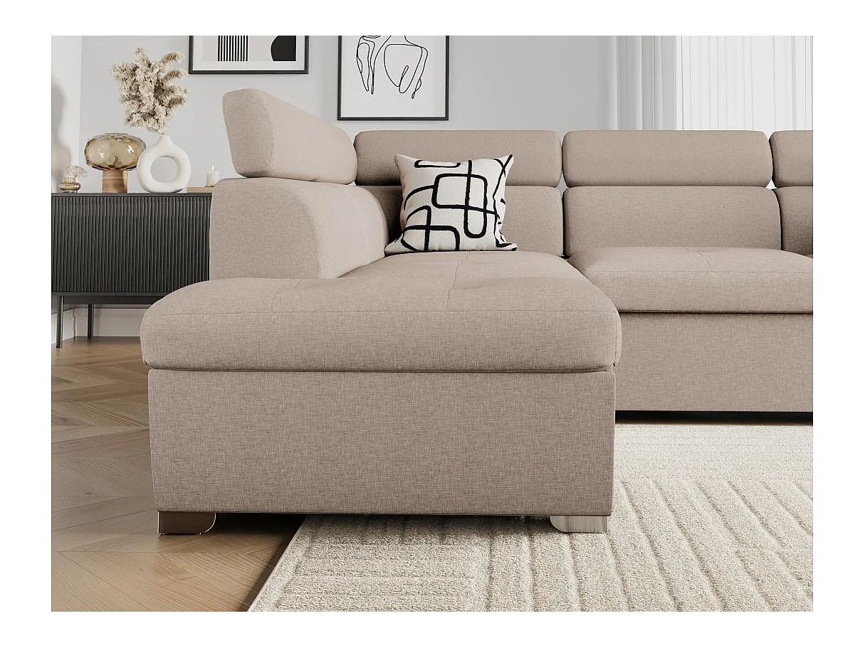 Canapé d'angle gauche convertible Paola 4 places avec coffre en tissu - Beige - L261 x P198 x H80cm - Loungitude