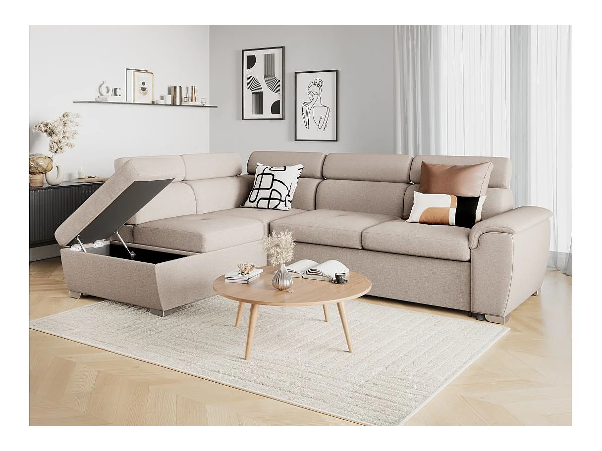 Canapé d'angle gauche convertible Paola 4 places avec coffre en tissu - Beige - L261 x P198 x H80cm - Loungitude