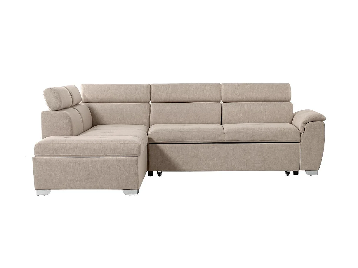 Canapé d'angle gauche convertible Paola 4 places avec coffre en tissu - Beige - L261 x P198 x H80cm - Loungitude