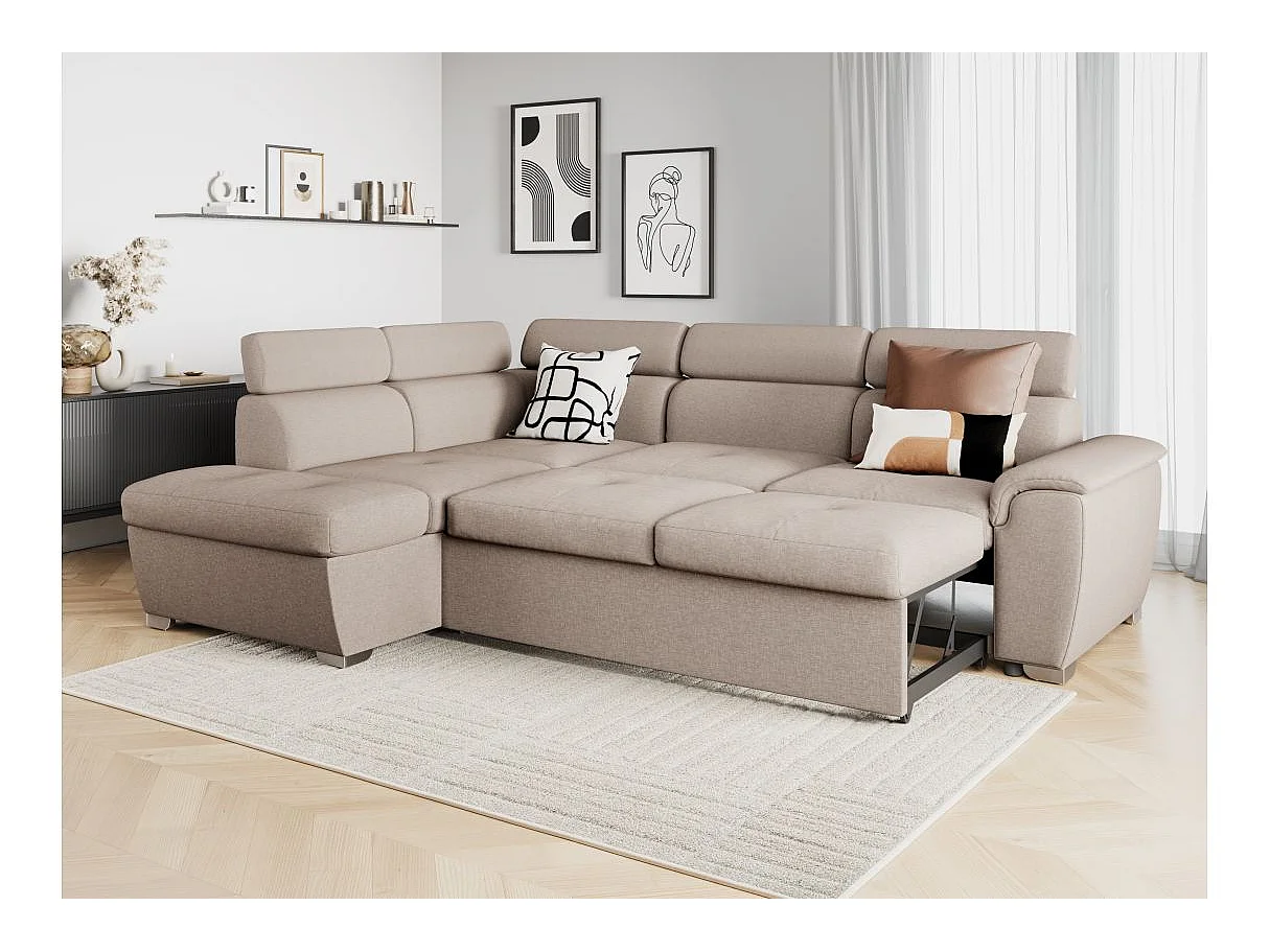 Canapé d'angle gauche convertible Paola 4 places avec coffre en tissu - Beige - L261 x P198 x H80cm - Loungitude