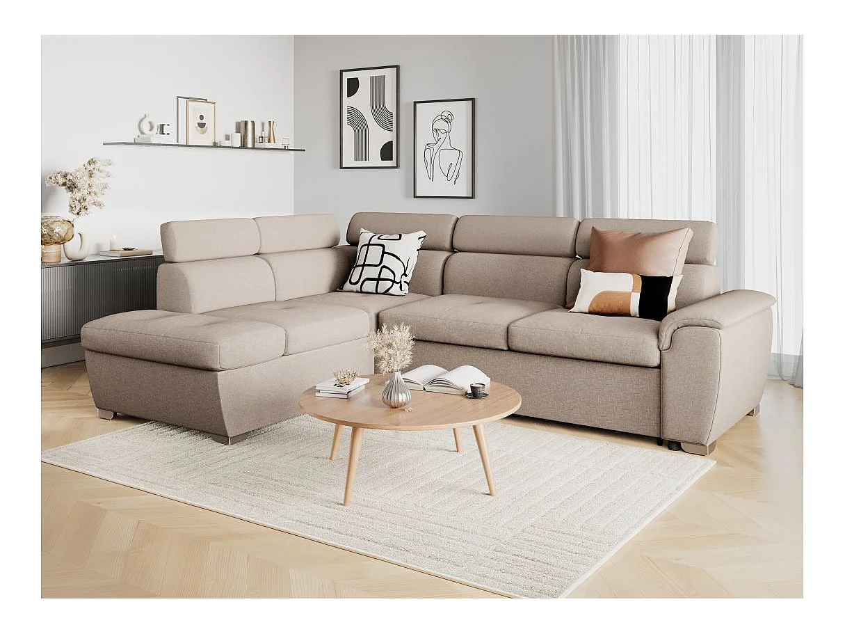 Canapé d'angle gauche convertible Paola 4 places avec coffre en tissu - Beige - L261 x P198 x H80cm - Loungitude
