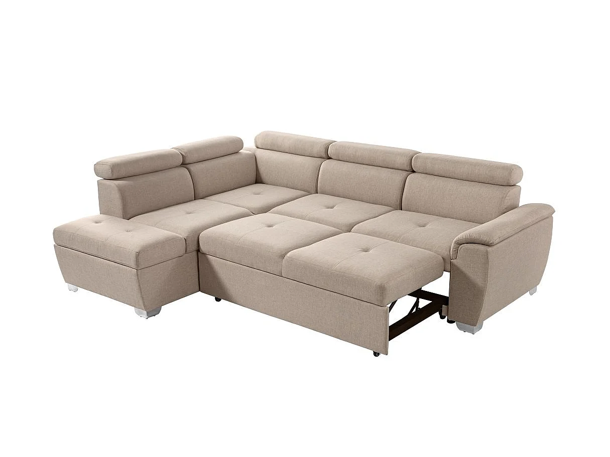 Canapé d'angle gauche convertible Paola 4 places avec coffre en tissu - Beige - L261 x P198 x H80cm - Loungitude