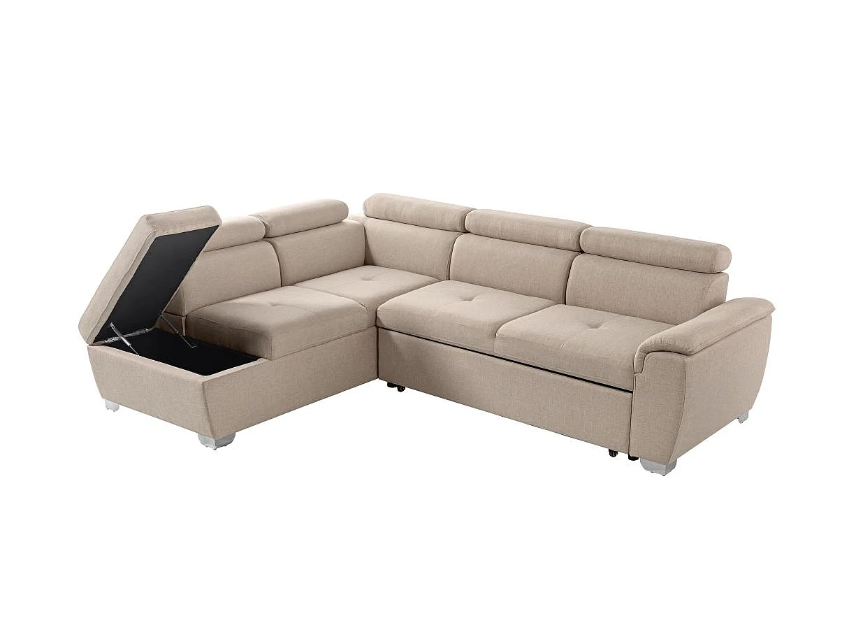 Canapé d'angle gauche convertible Paola 4 places avec coffre en tissu - Beige - L261 x P198 x H80cm - Loungitude
