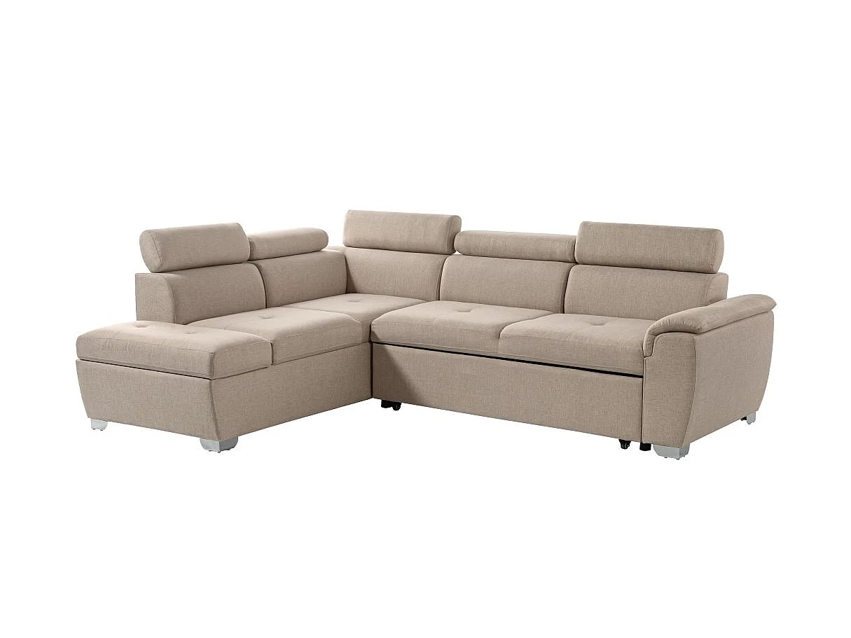 Canapé d'angle gauche convertible Paola 4 places avec coffre en tissu - Beige - L261 x P198 x H80cm - Loungitude