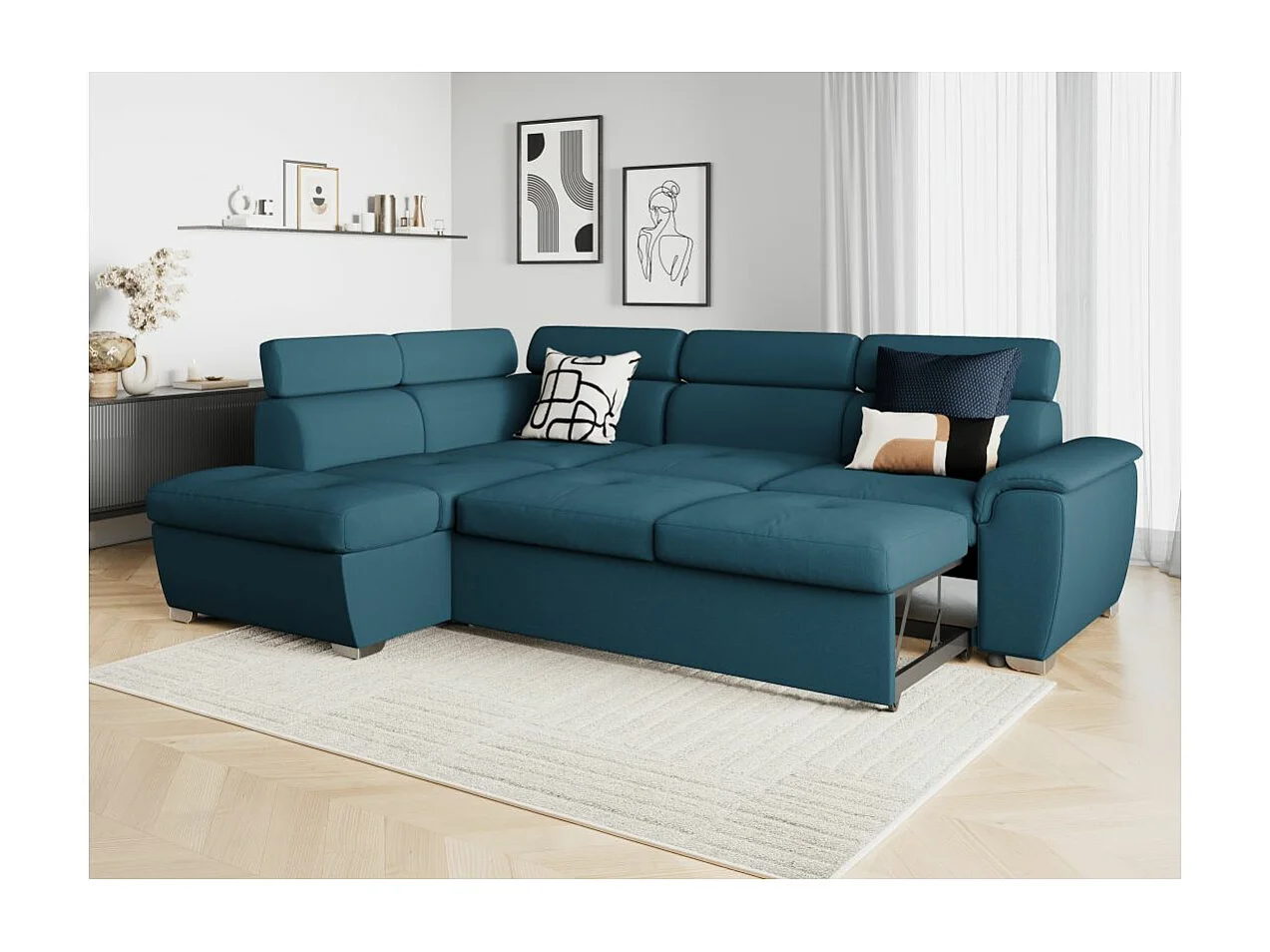 Canapé d'angle gauche convertible Paola 4 places avec coffre en tissu - Bleu - L261 x P198 x H80cm - Loungitude
