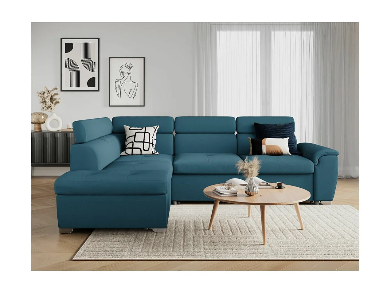 Canapé d'angle gauche convertible Paola 4 places avec coffre en tissu - Bleu - L261 x P198 x H80cm - Loungitude
