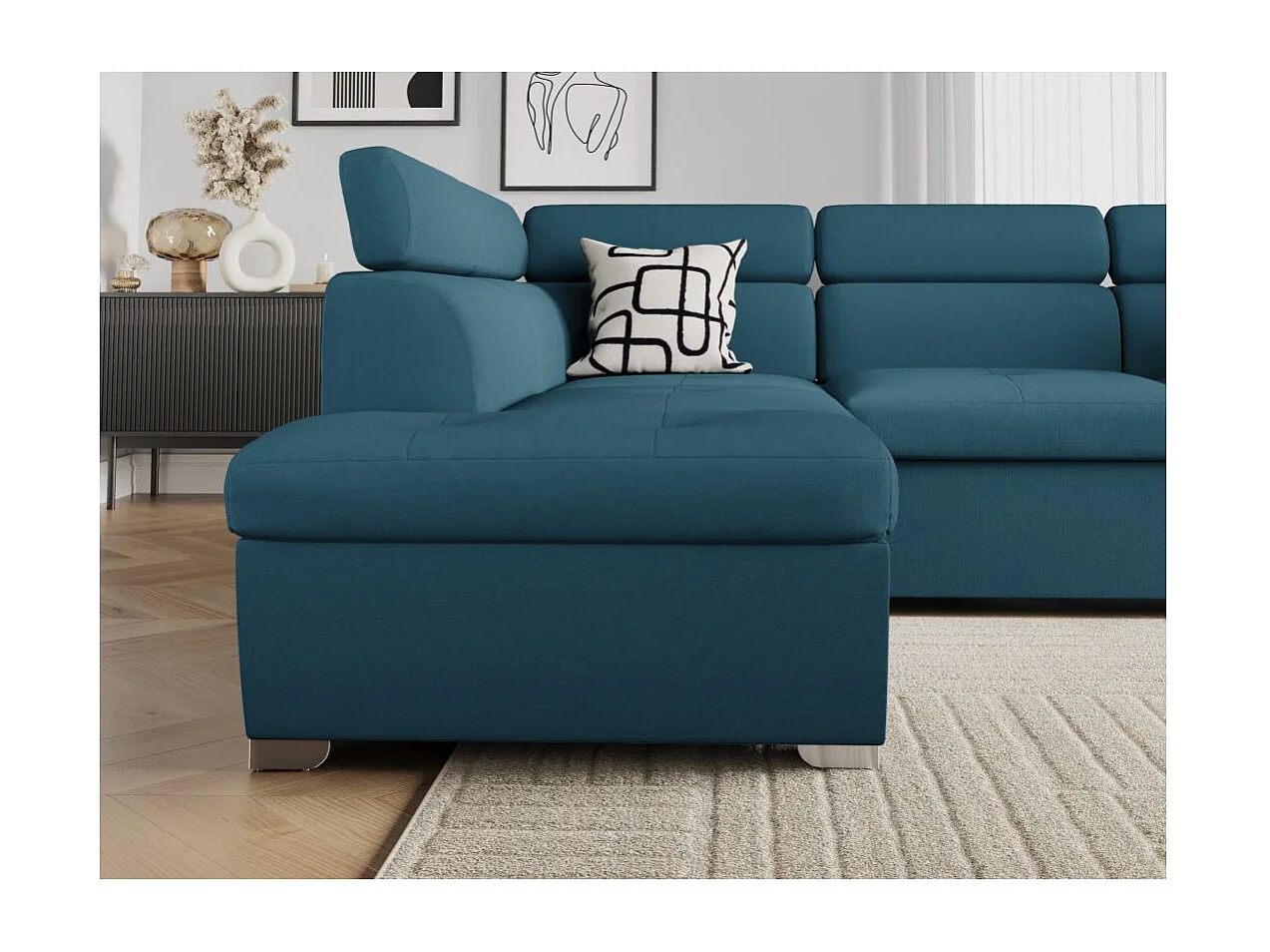 Canapé d'angle gauche convertible Paola 4 places avec coffre en tissu - Bleu - L261 x P198 x H80cm - Loungitude