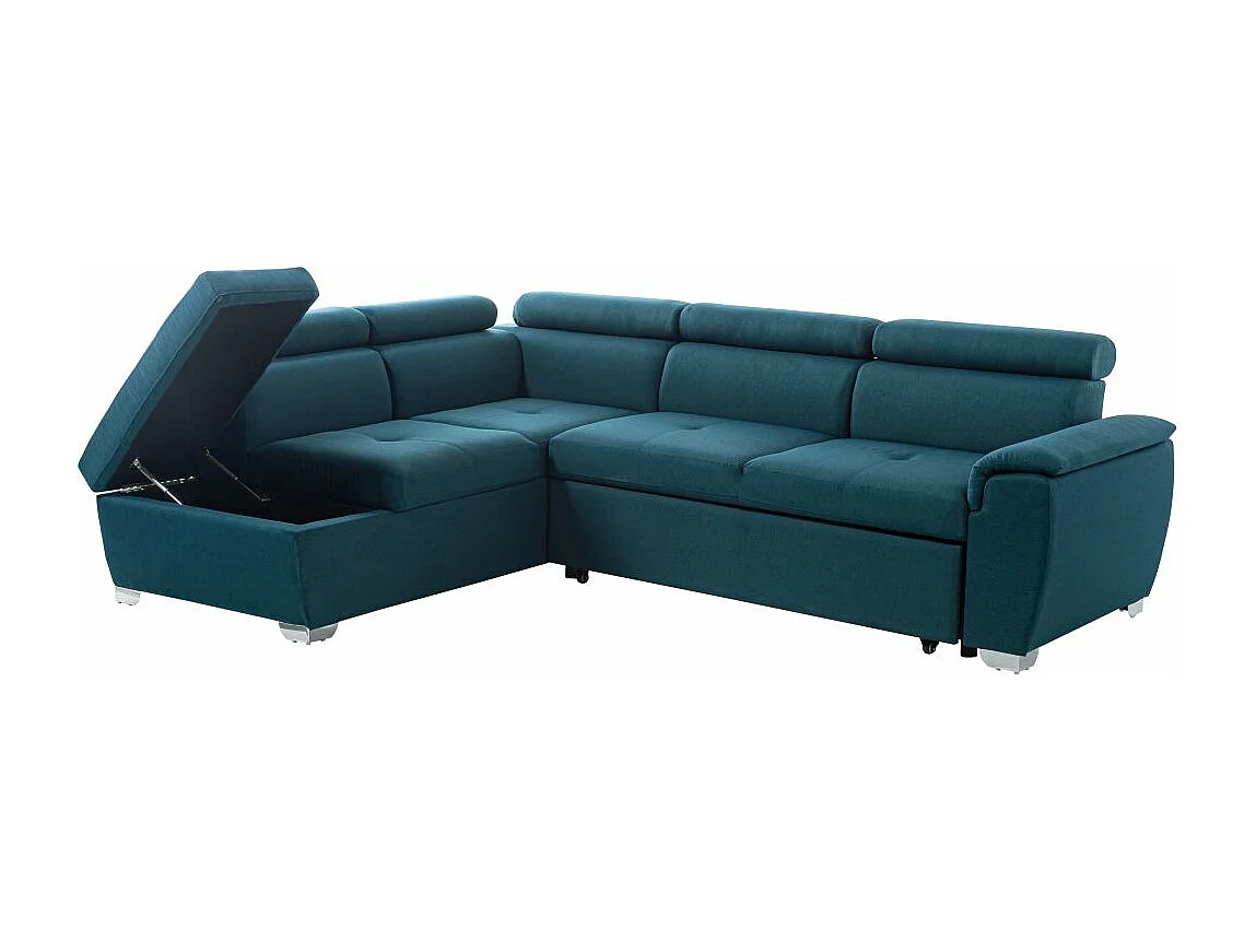 Canapé d'angle gauche convertible Paola 4 places avec coffre en tissu - Bleu - L261 x P198 x H80cm - Loungitude