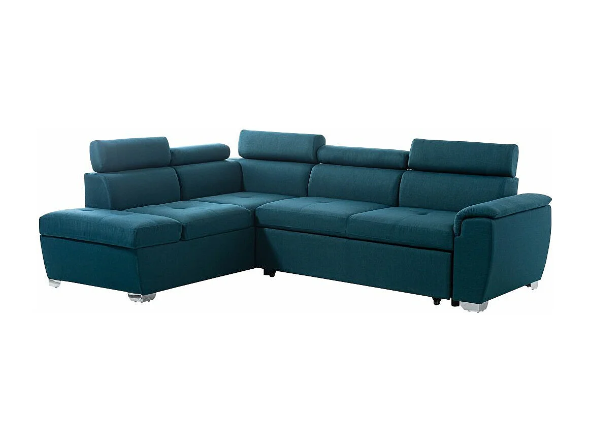 Canapé d'angle gauche convertible Paola 4 places avec coffre en tissu - Bleu - L261 x P198 x H80cm - Loungitude