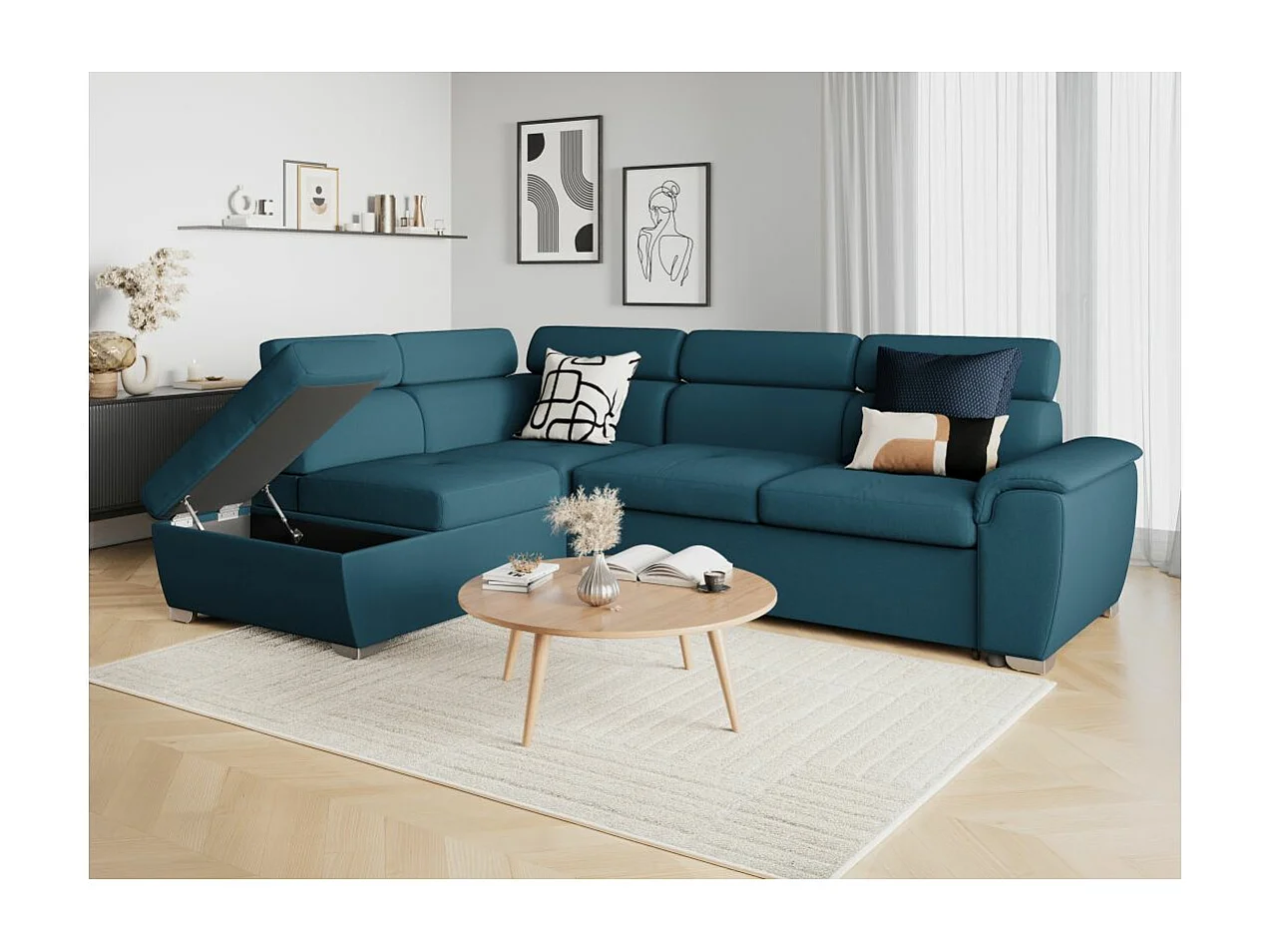Canapé d'angle gauche convertible Paola 4 places avec coffre en tissu - Bleu - L261 x P198 x H80cm - Loungitude
