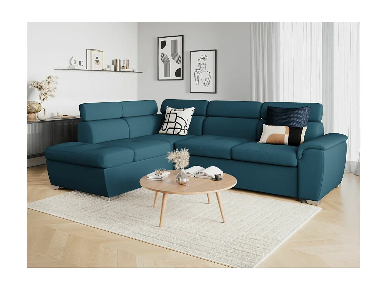 Canapé d'angle gauche convertible Paola 4 places avec coffre en tissu - Bleu - L261 x P198 x H80cm - Loungitude