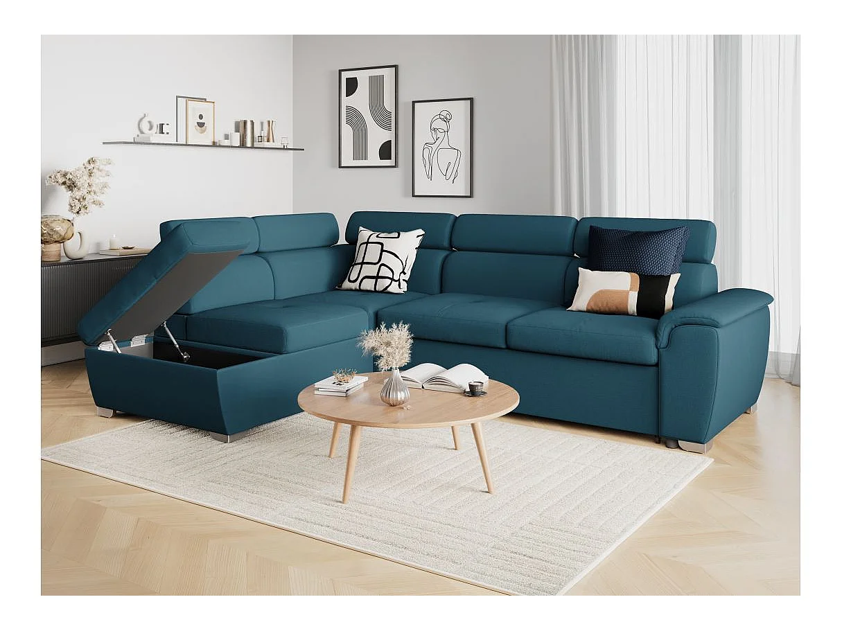 Canapé d'angle convertible 4 places avec coffre en tissu bleu PAOLA