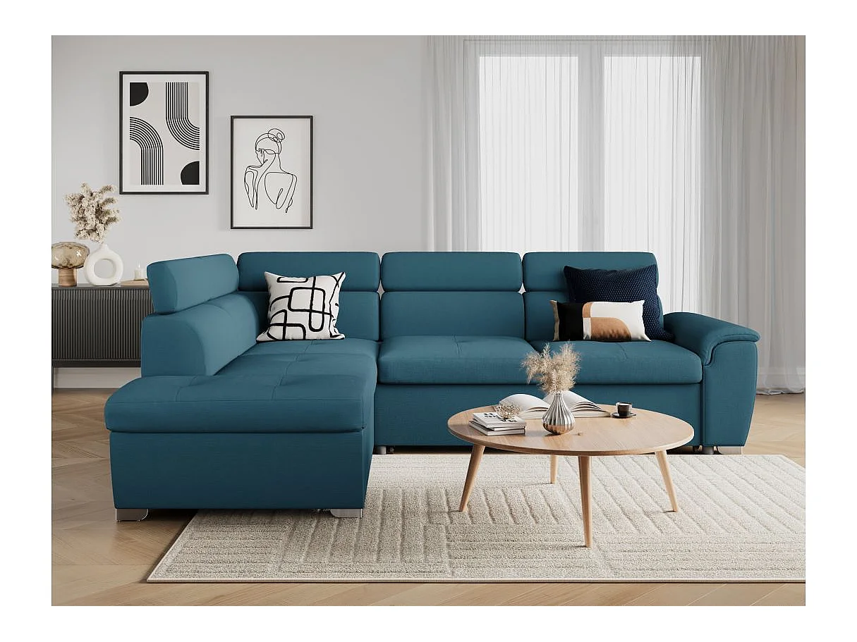 Canapé d'angle convertible 4 places avec coffre en tissu bleu PAOLA