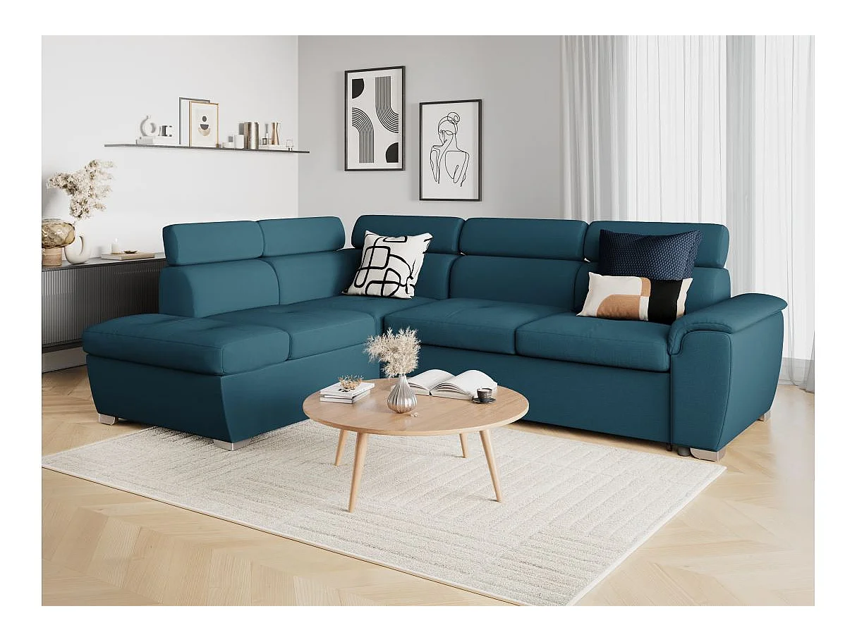 Canapé d'angle convertible 4 places avec coffre en tissu bleu PAOLA