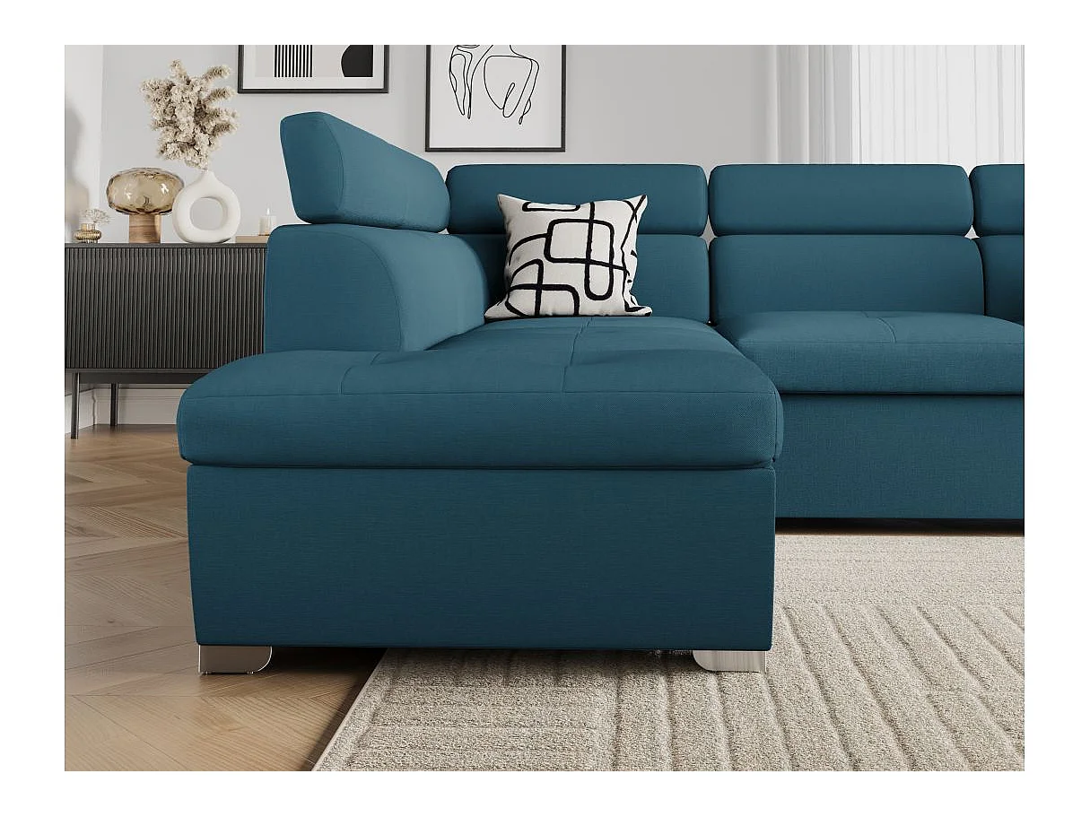 Canapé d'angle convertible 4 places avec coffre en tissu bleu PAOLA