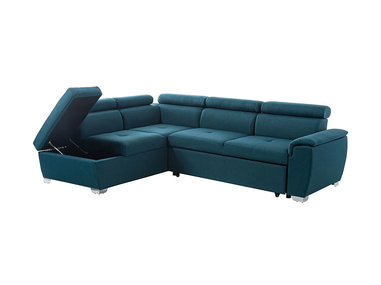 Canapé d'angle convertible 4 places avec coffre en tissu bleu PAOLA