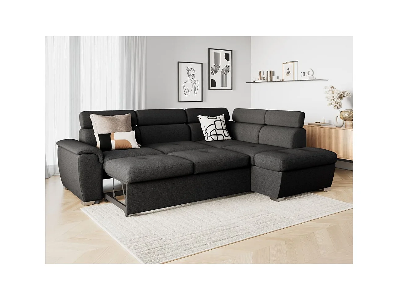 Canapé d'angle droit convertible Paola 4 places avec coffre en tissu - Gris anthracite - L261 x P198 x H80cm - Loungitude