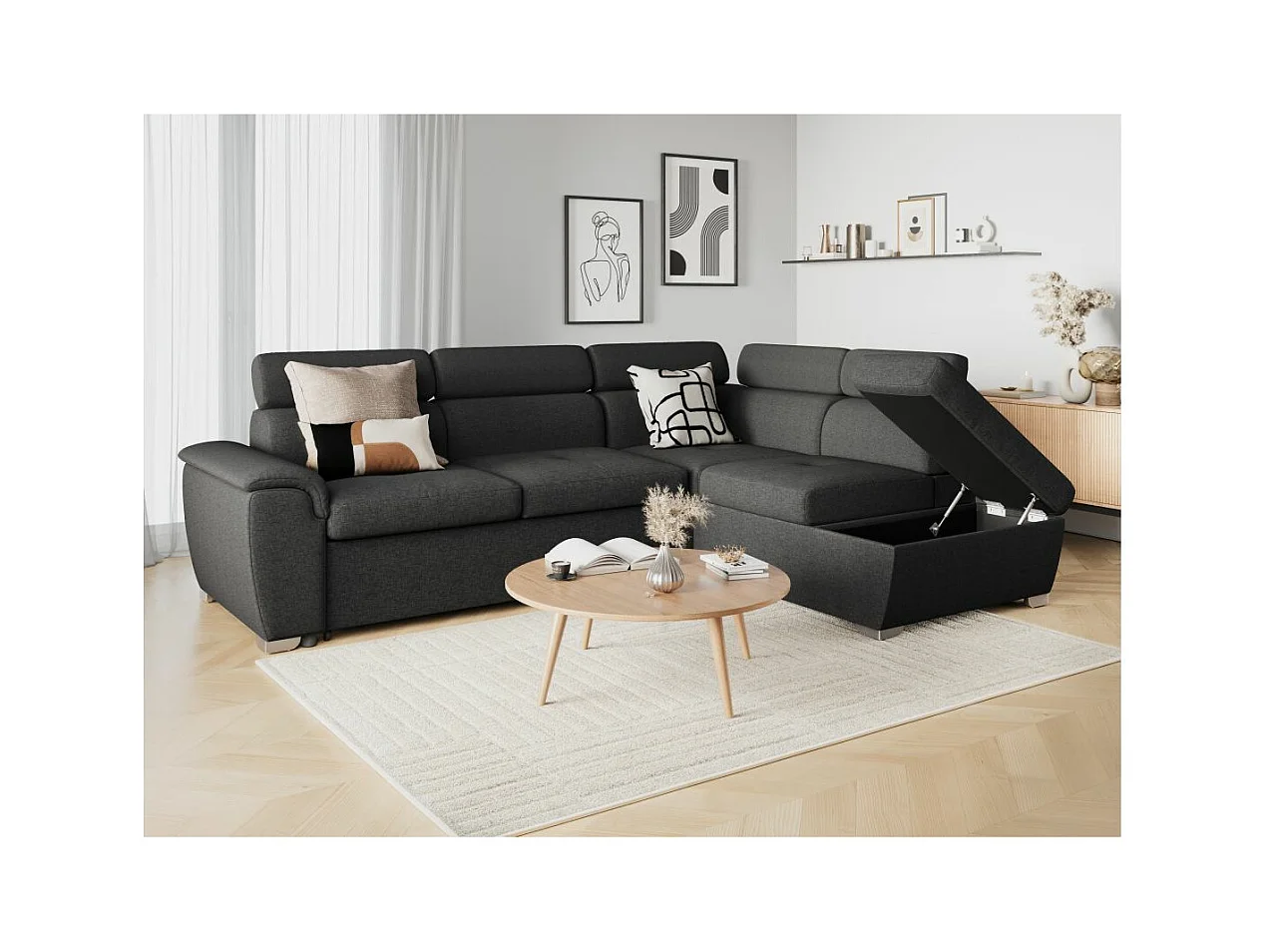 Canapé d'angle droit convertible Paola 4 places avec coffre en tissu - Gris anthracite - L261 x P198 x H80cm - Loungitude