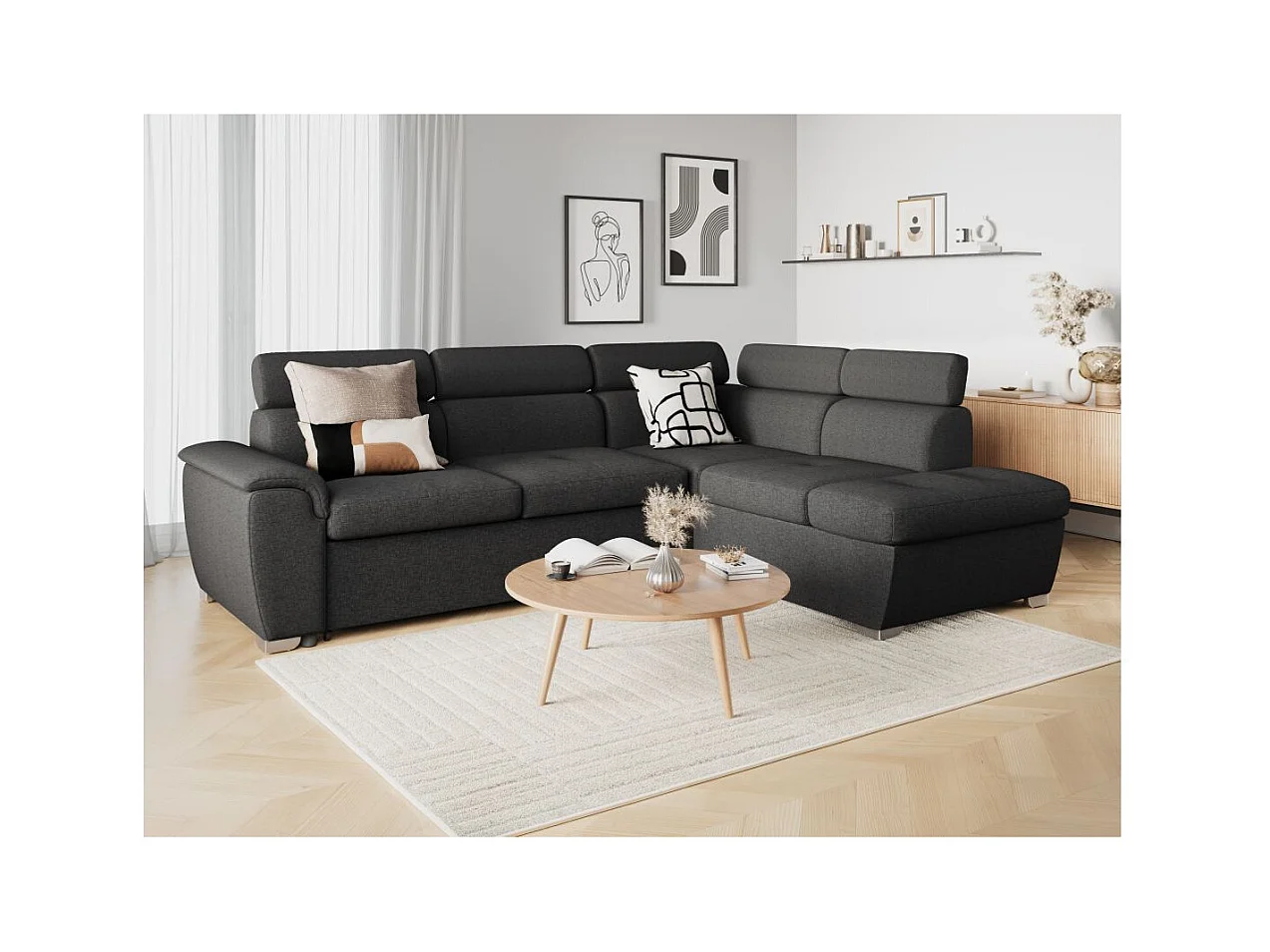 Canapé d'angle droit convertible Paola 4 places avec coffre en tissu - Gris anthracite - L261 x P198 x H80cm - Loungitude