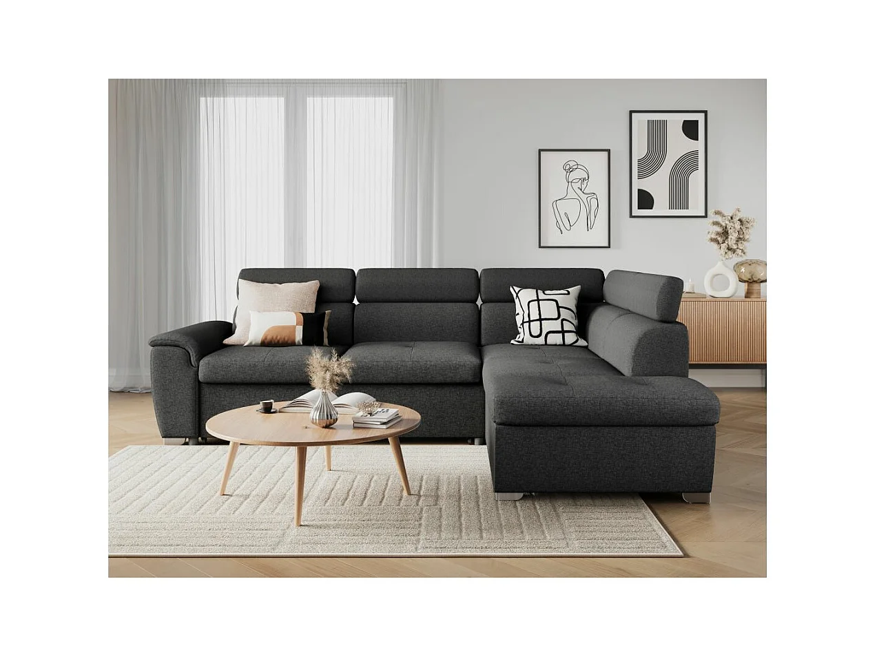 Canapé d'angle droit convertible Paola 4 places avec coffre en tissu - Gris anthracite - L261 x P198 x H80cm - Loungitude