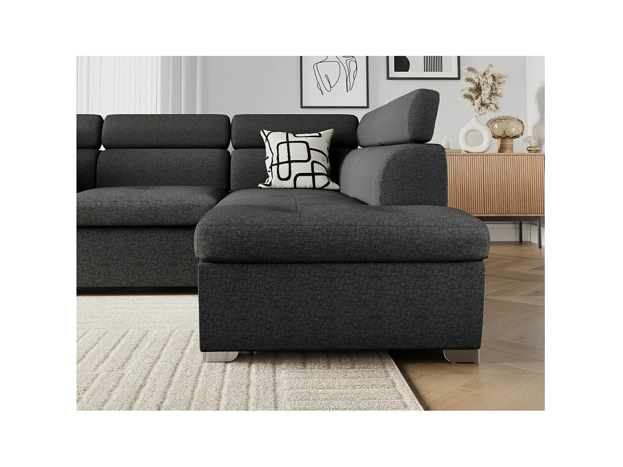 Canapé d'angle droit convertible Paola 4 places avec coffre en tissu - Gris anthracite - L261 x P198 x H80cm - Loungitude