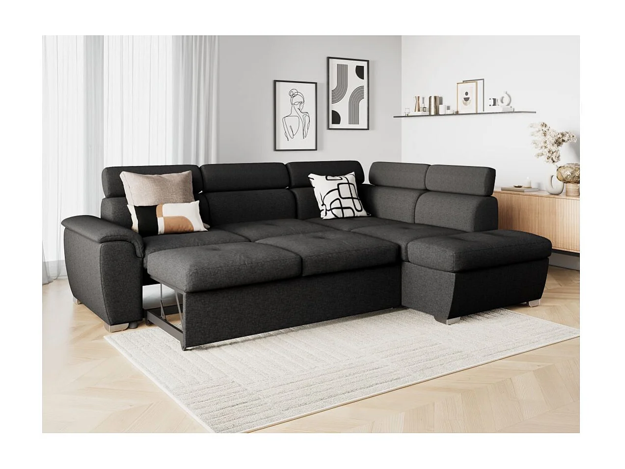 Canapé d'angle droit convertible Paola 4 places avec coffre en tissu - Gris anthracite - L261 x P198 x H80cm - Loungitude