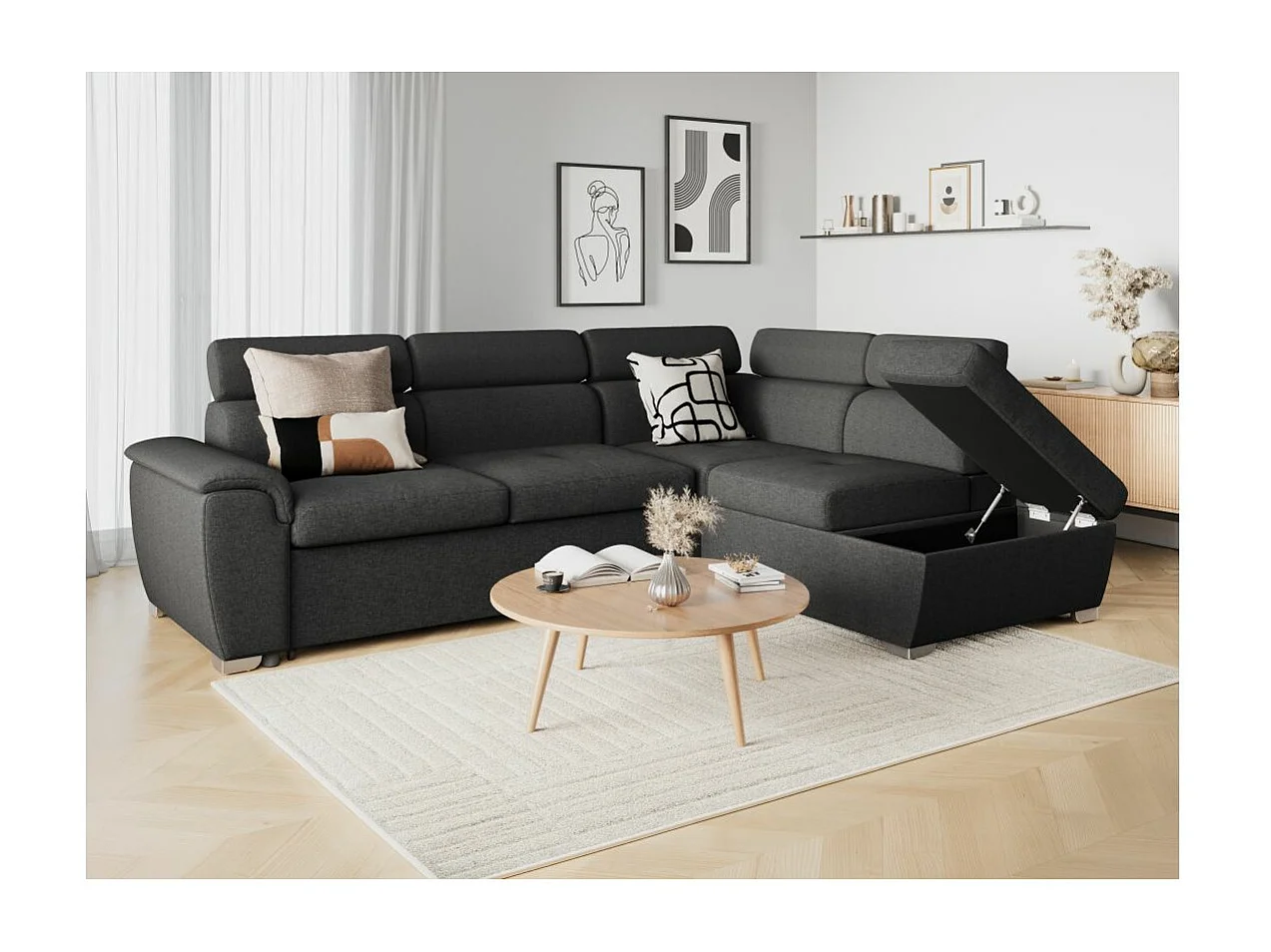 Canapé d'angle droit convertible Paola 4 places avec coffre en tissu - Gris anthracite - L261 x P198 x H80cm - Loungitude