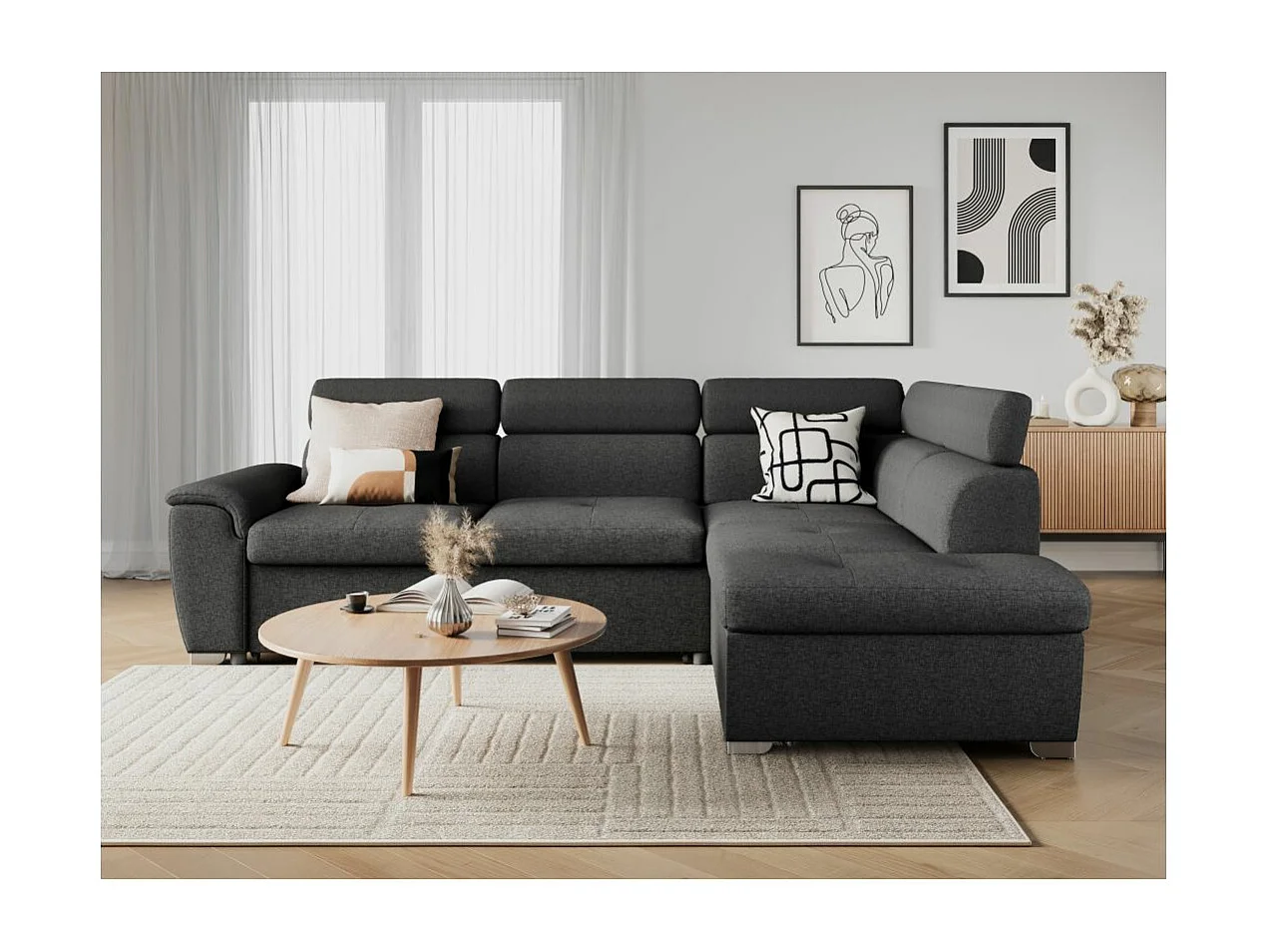 Canapé d'angle droit convertible Paola 4 places avec coffre en tissu - Gris anthracite - L261 x P198 x H80cm - Loungitude
