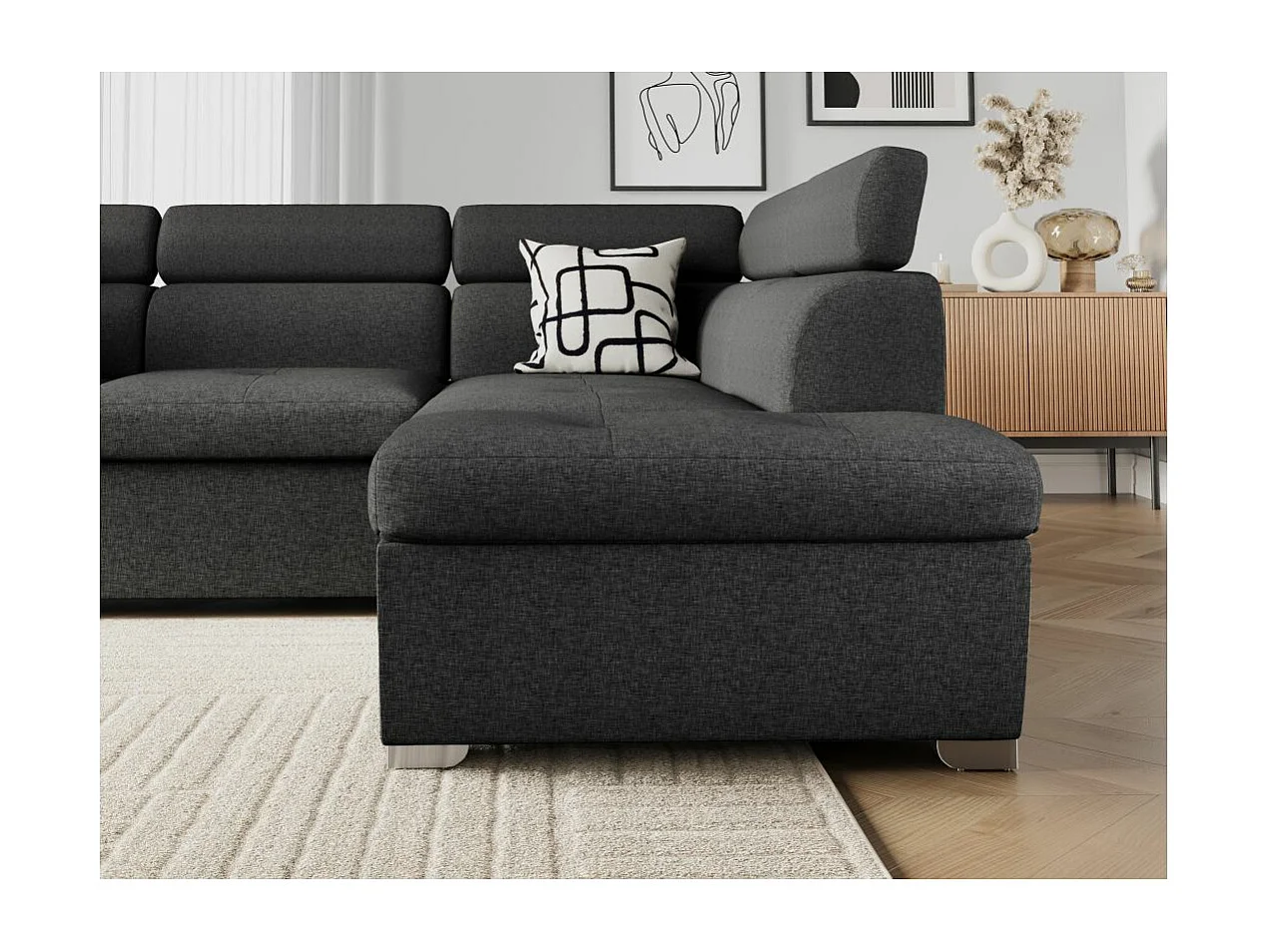 Canapé d'angle droit convertible Paola 4 places avec coffre en tissu - Gris anthracite - L261 x P198 x H80cm - Loungitude