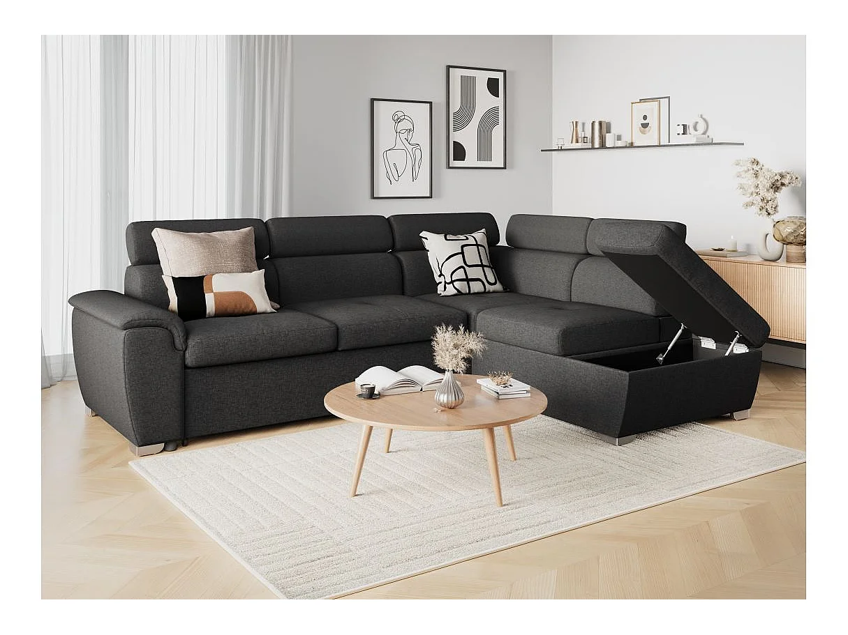 Canapé d'angle convertible 4 places en tissu gris anthracite PAOLA