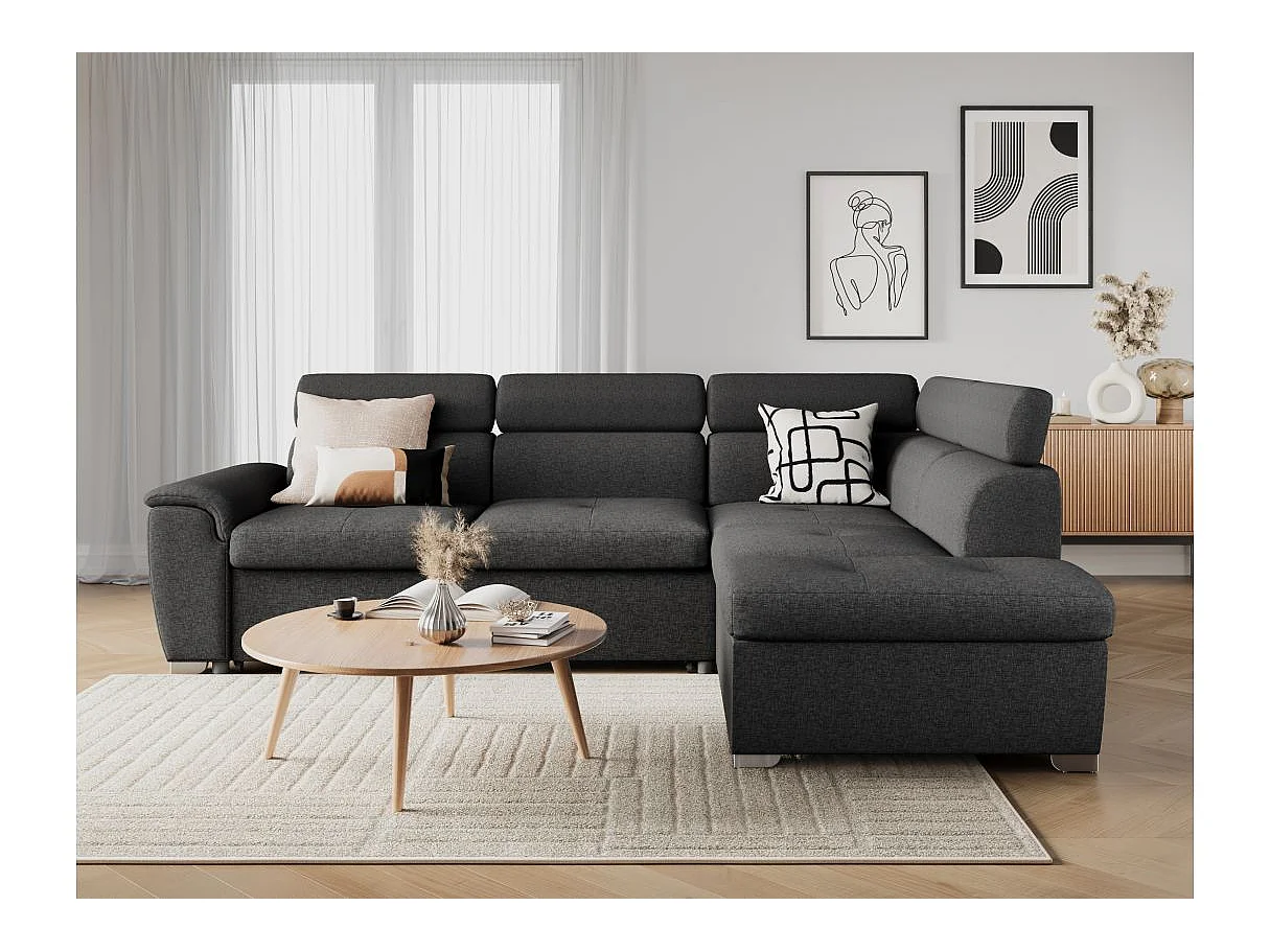 Canapé d'angle convertible 4 places en tissu gris anthracite PAOLA