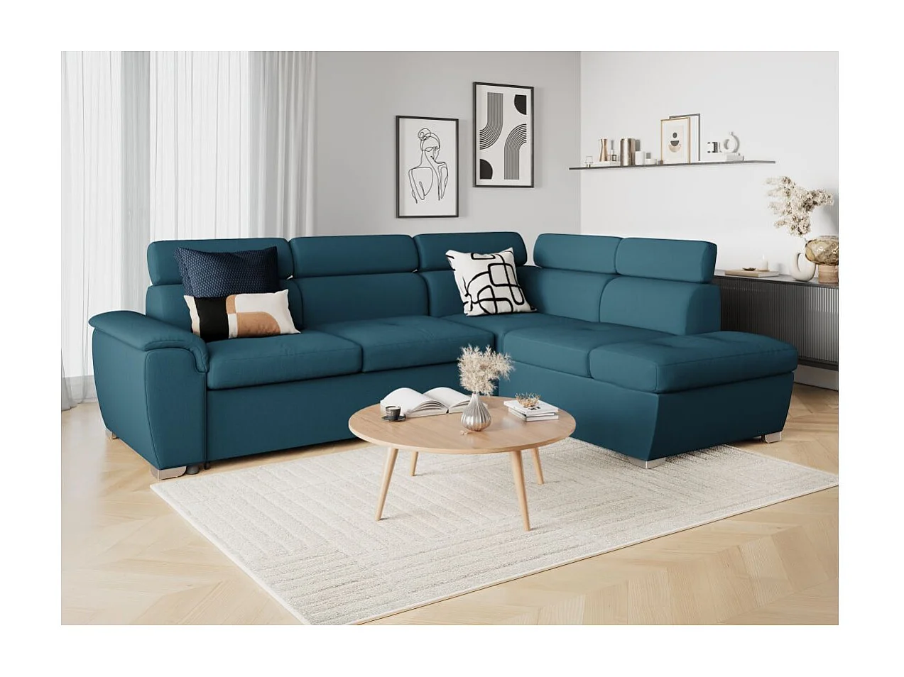Canapé d'angle droit convertible Paola 4 places avec coffre en tissu - Bleu - L261 x P198 x H80cm - Loungitude