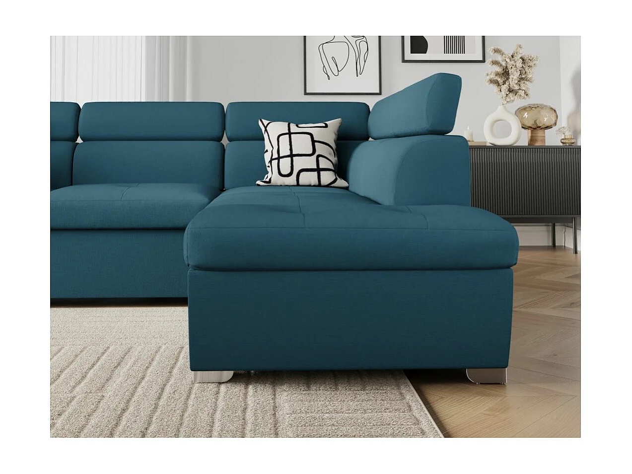 Canapé d'angle droit convertible Paola 4 places avec coffre en tissu - Bleu - L261 x P198 x H80cm - Loungitude