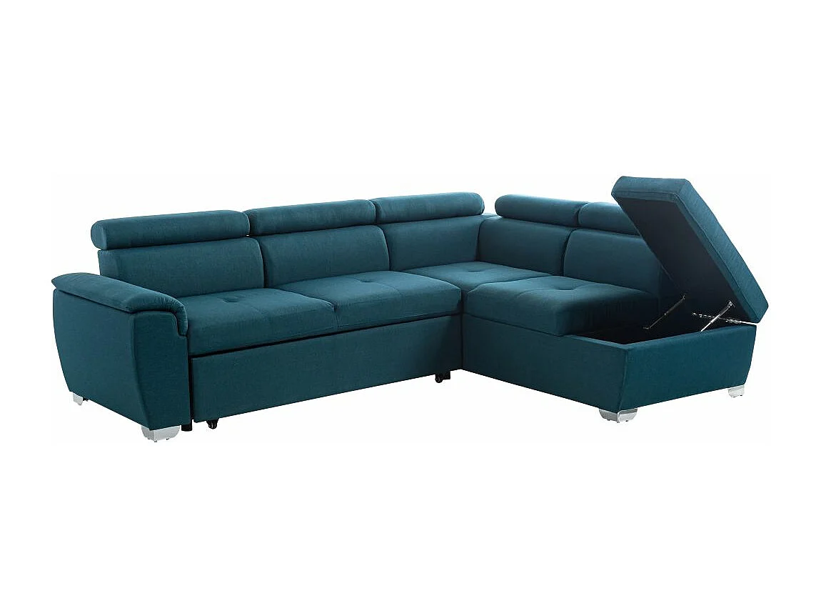 Canapé d'angle droit convertible Paola 4 places avec coffre en tissu - Bleu - L261 x P198 x H80cm - Loungitude