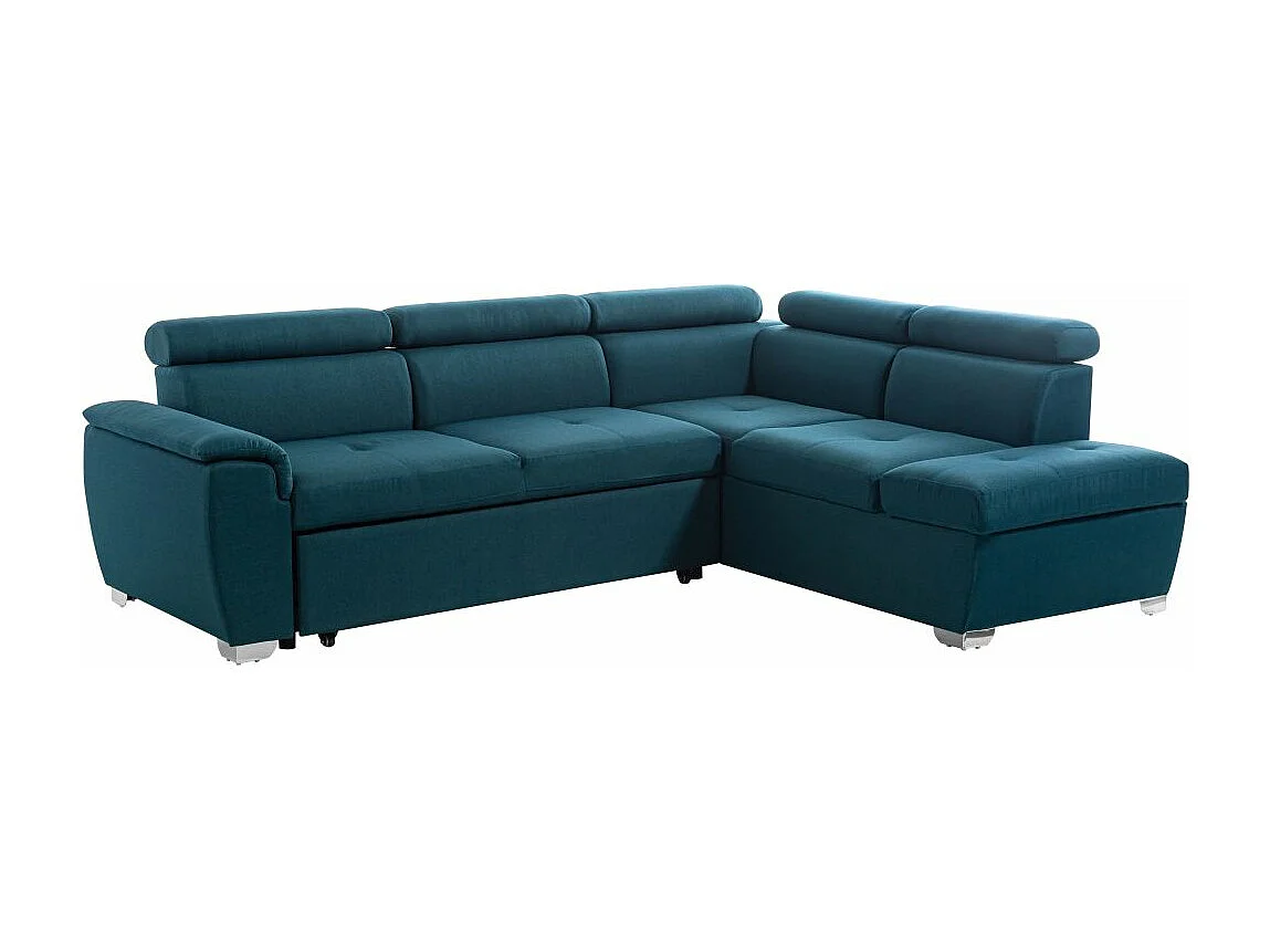Canapé d'angle droit convertible Paola 4 places avec coffre en tissu - Bleu - L261 x P198 x H80cm - Loungitude