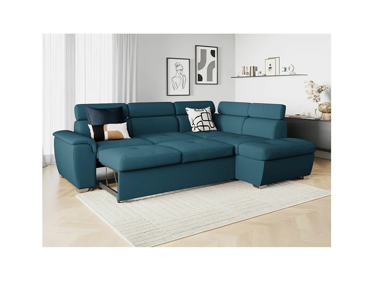 Canapé d'angle droit convertible Paola 4 places avec coffre en tissu - Bleu - L261 x P198 x H80cm - Loungitude