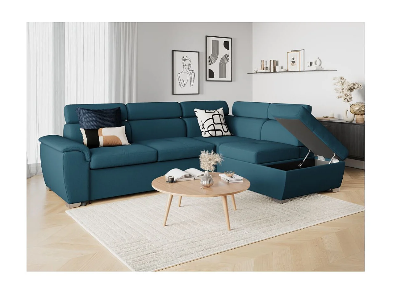 Canapé d'angle droit convertible Paola 4 places avec coffre en tissu - Bleu - L261 x P198 x H80cm - Loungitude