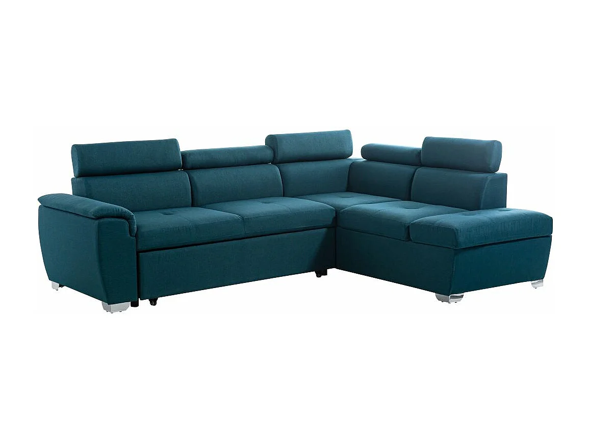Canapé d'angle droit convertible Paola 4 places avec coffre en tissu - Bleu - L261 x P198 x H80cm - Loungitude