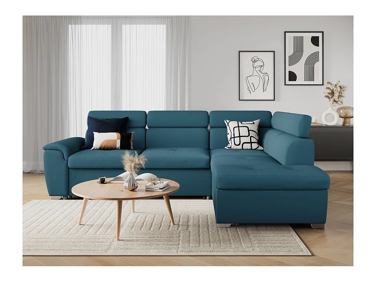 Canapé d'angle convertible 4 places avec coffre en tissu bleu PAOLA
