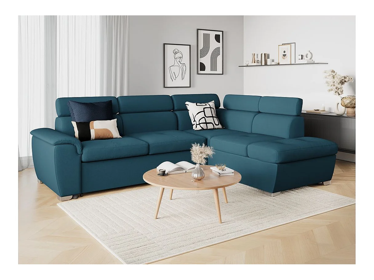 Canapé d'angle convertible 4 places avec coffre en tissu bleu PAOLA