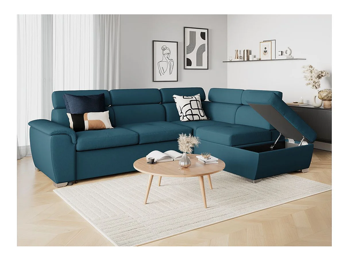 Canapé d'angle convertible 4 places avec coffre en tissu bleu PAOLA