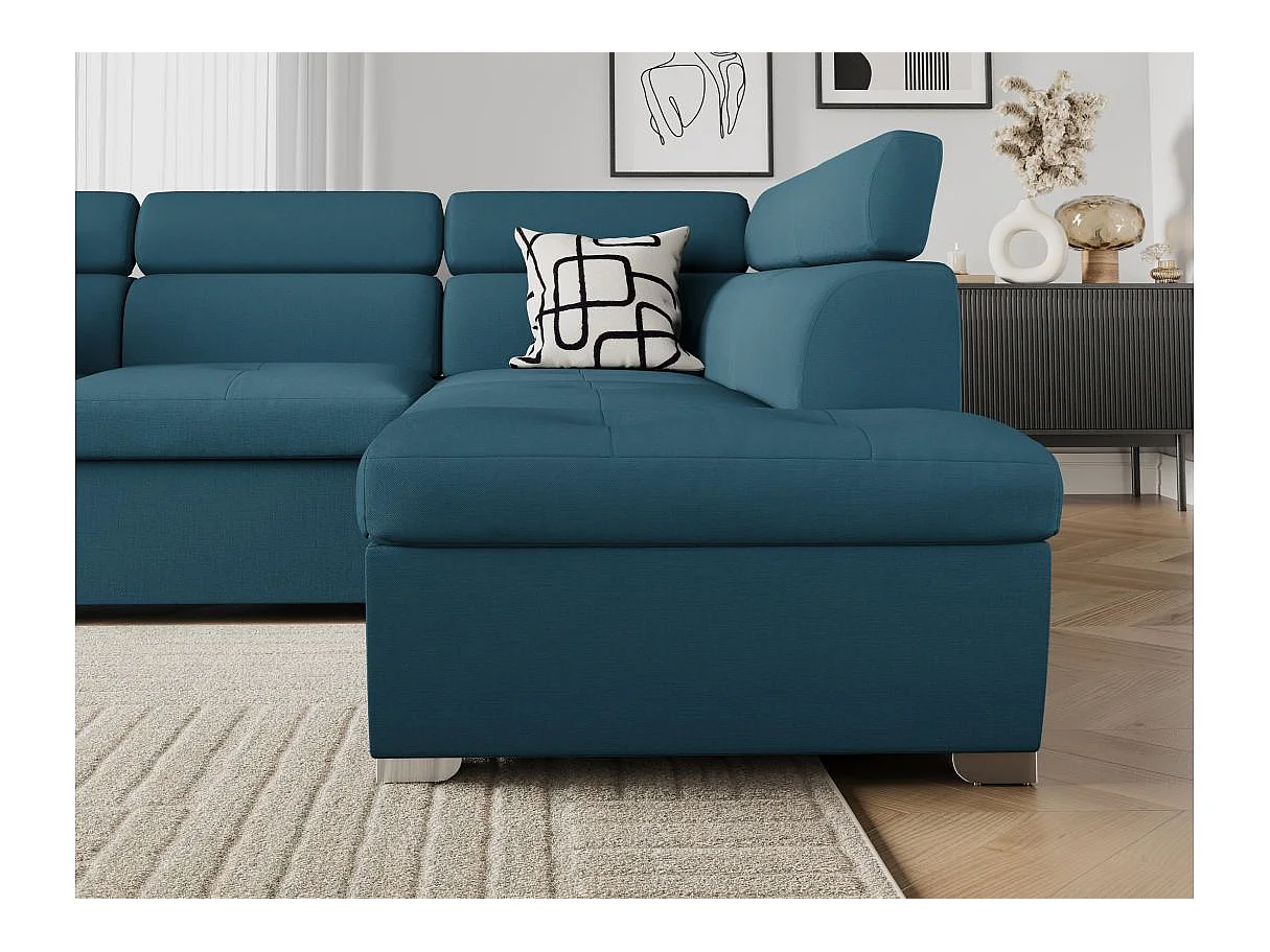 Canapé d'angle convertible 4 places avec coffre en tissu bleu PAOLA