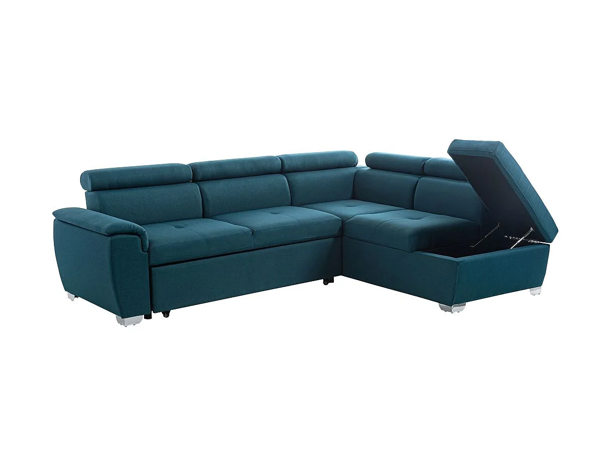 Canapé d'angle convertible 4 places avec coffre en tissu bleu PAOLA