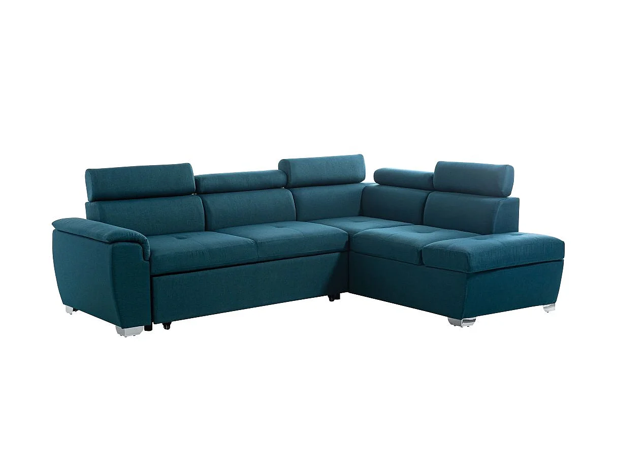 Canapé d'angle convertible 4 places avec coffre en tissu bleu PAOLA