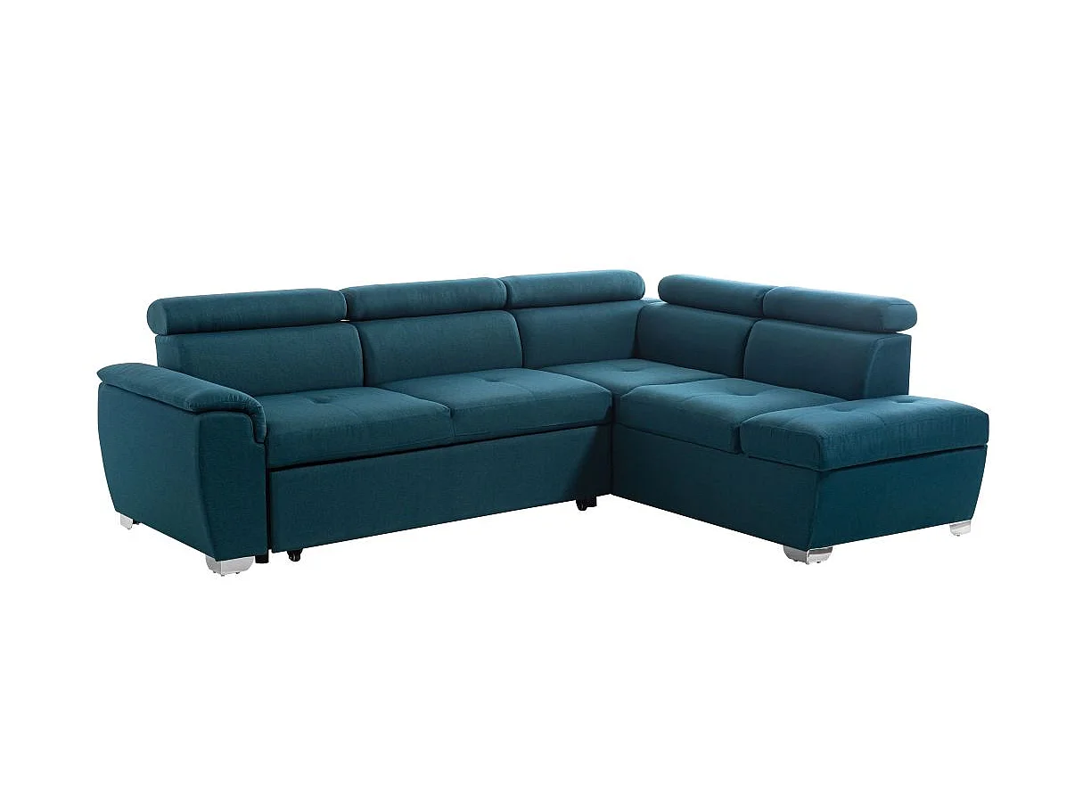 Canapé d'angle convertible 4 places avec coffre en tissu bleu PAOLA