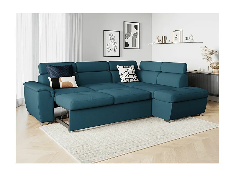 Canapé d'angle droit convertible Paola 4 places avec coffre en tissu - Bleu - L261 x P198 x H80cm - Loungitude
