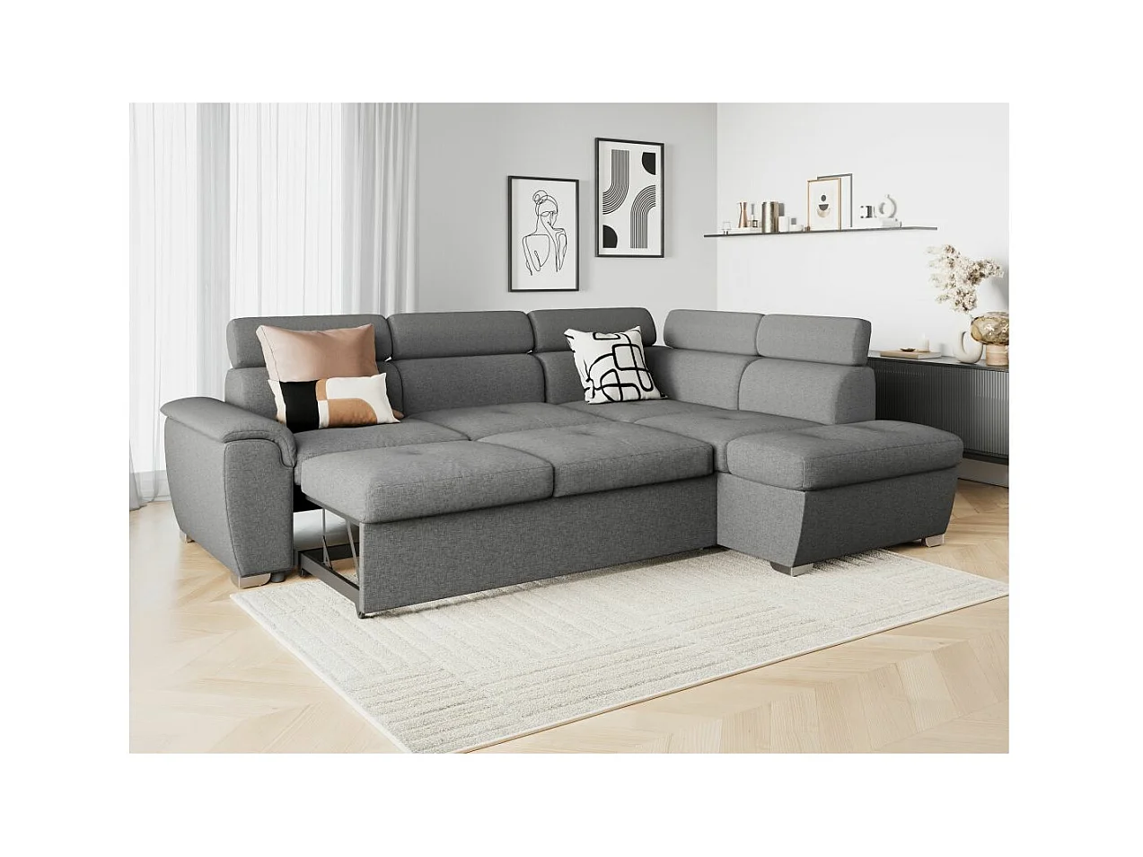 Canapé d'angle droit convertible Paola 4 places avec coffre en tissu - Gris clair - L261 x P198 x H80cm - Loungitude