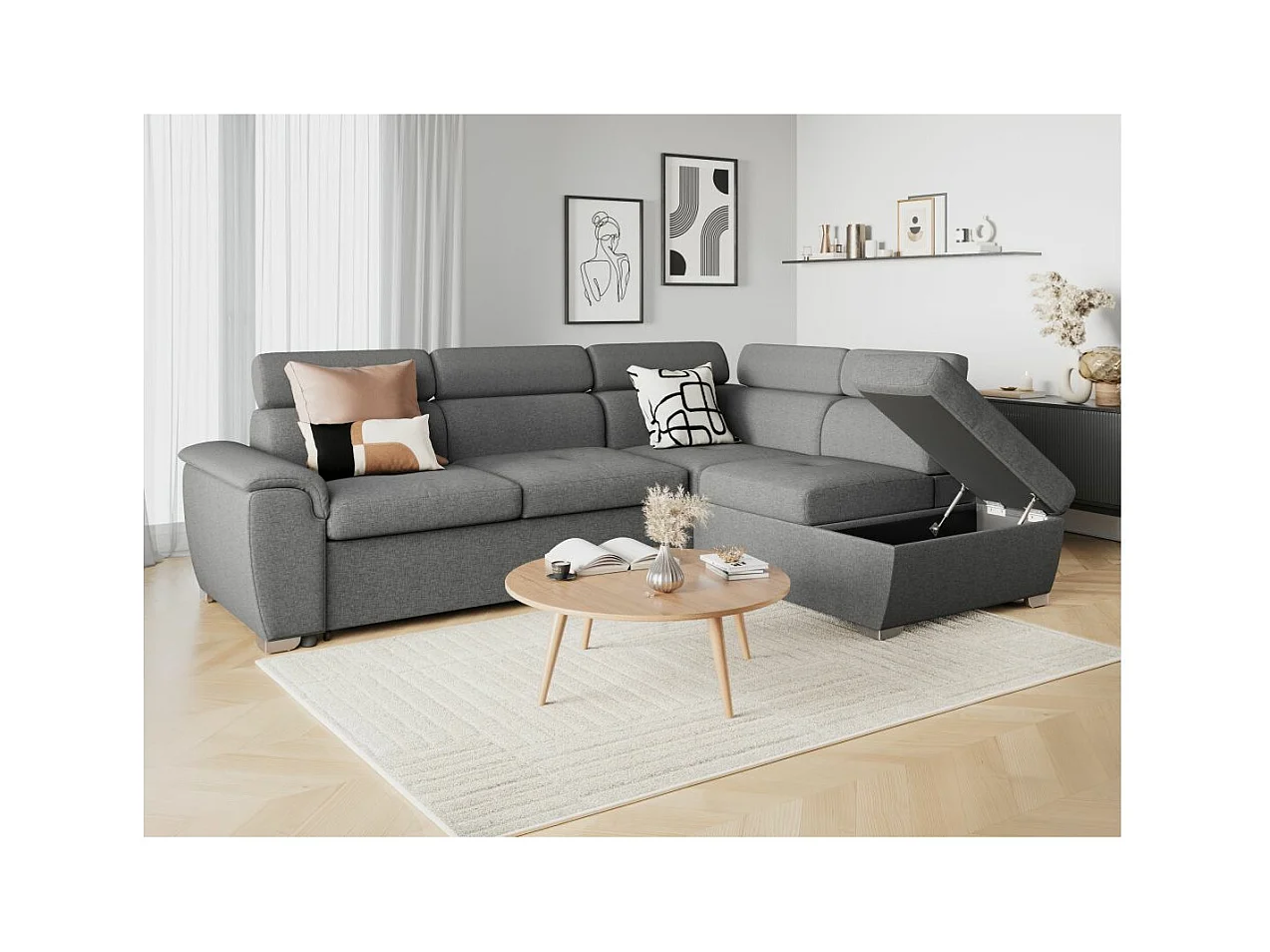 Canapé d'angle droit convertible Paola 4 places avec coffre en tissu - Gris clair - L261 x P198 x H80cm - Loungitude