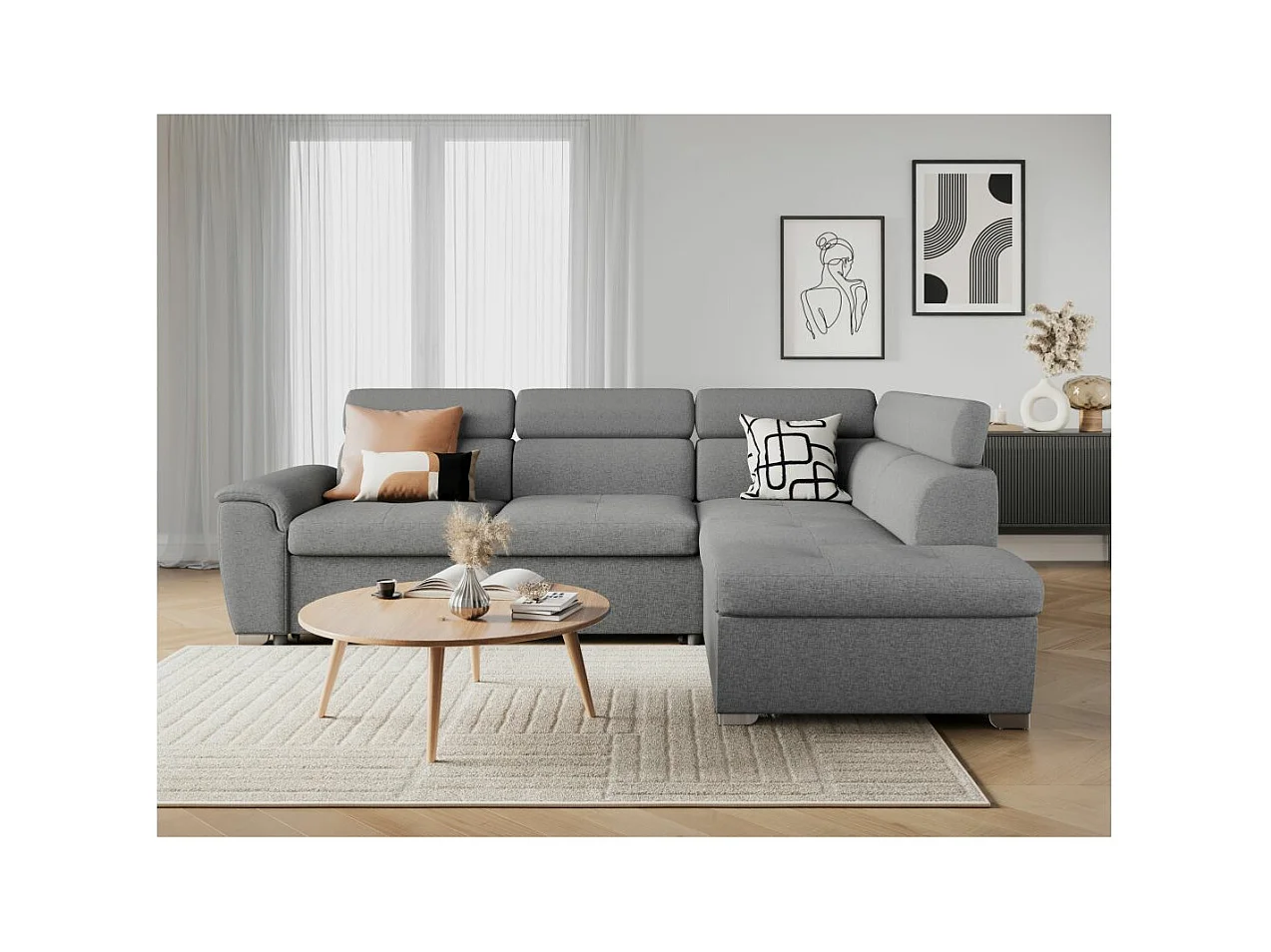 Canapé d'angle droit convertible Paola 4 places avec coffre en tissu - Gris clair - L261 x P198 x H80cm - Loungitude