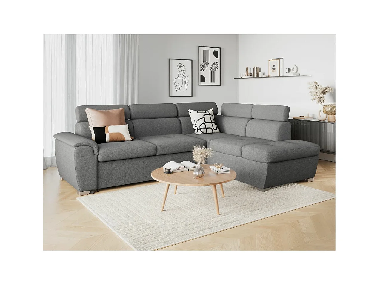 Canapé d'angle droit convertible Paola 4 places avec coffre en tissu - Gris clair - L261 x P198 x H80cm - Loungitude